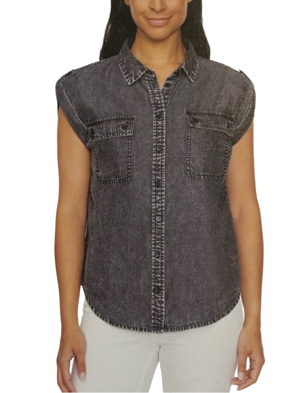 Buffalo David Bitton Soft Acid Wash Black Chambray Utility Shirt Ladies Large